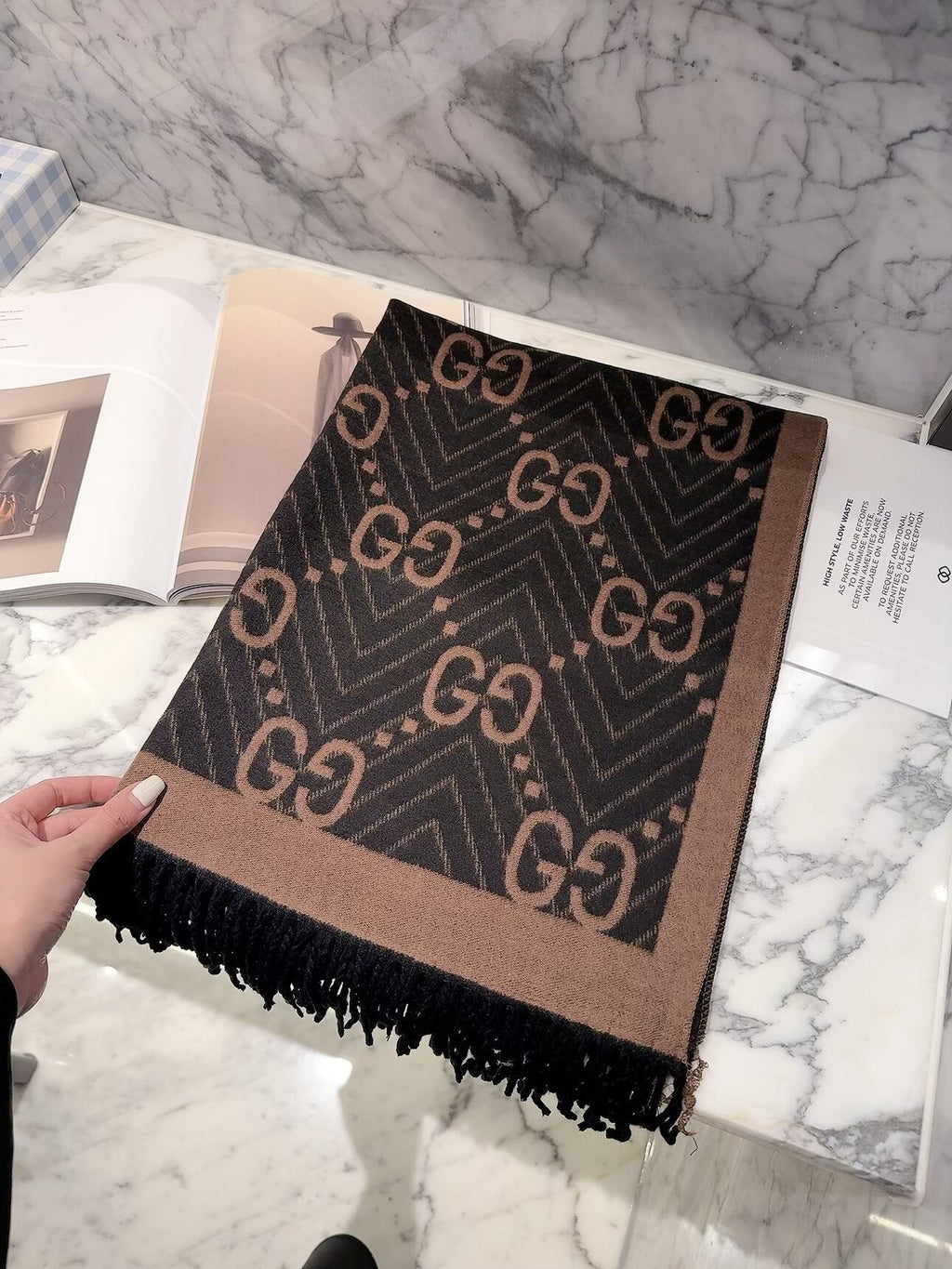 Gucci Style GG Herringbone Fringe Scarf