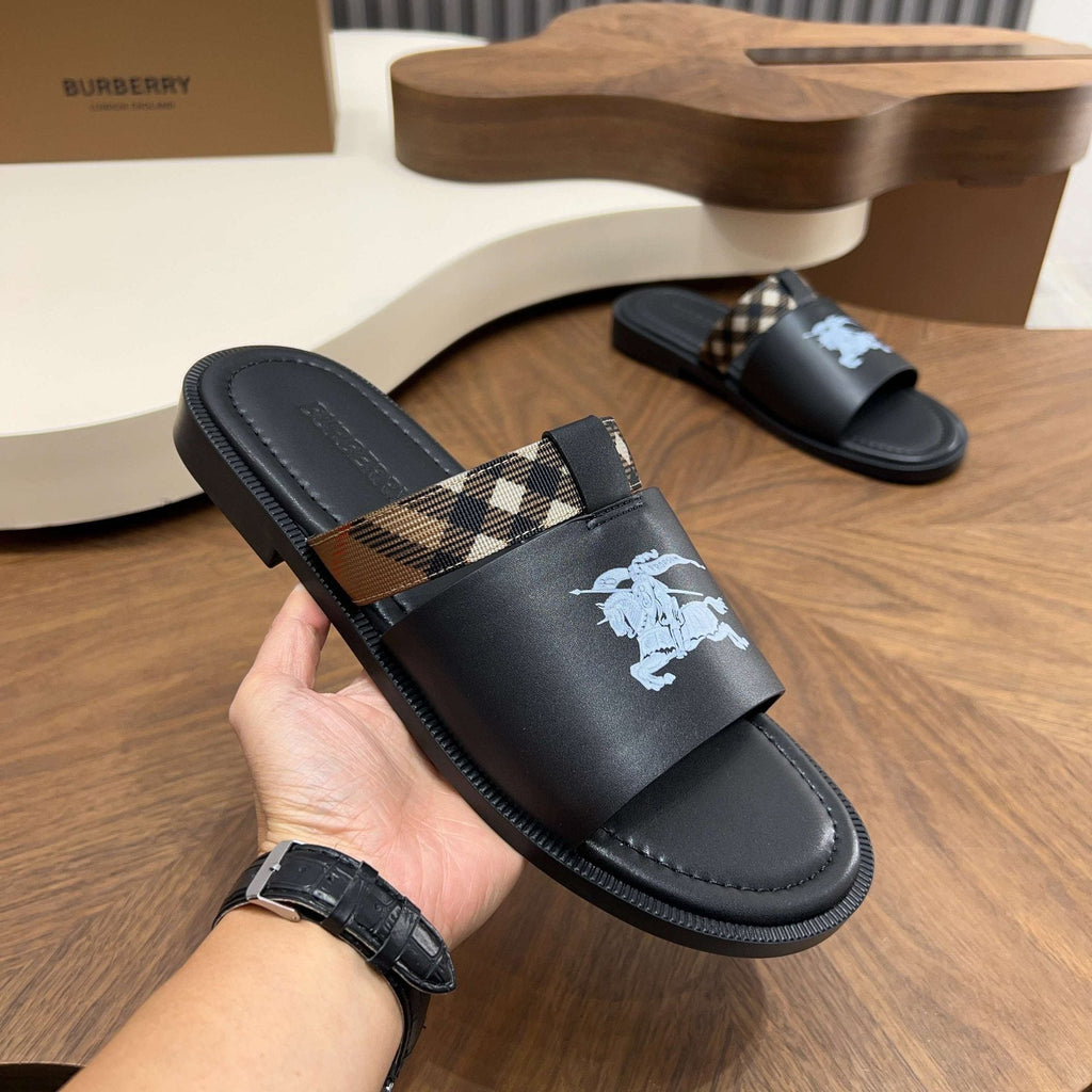 Burberry Plaid-Trim Slide Sandals